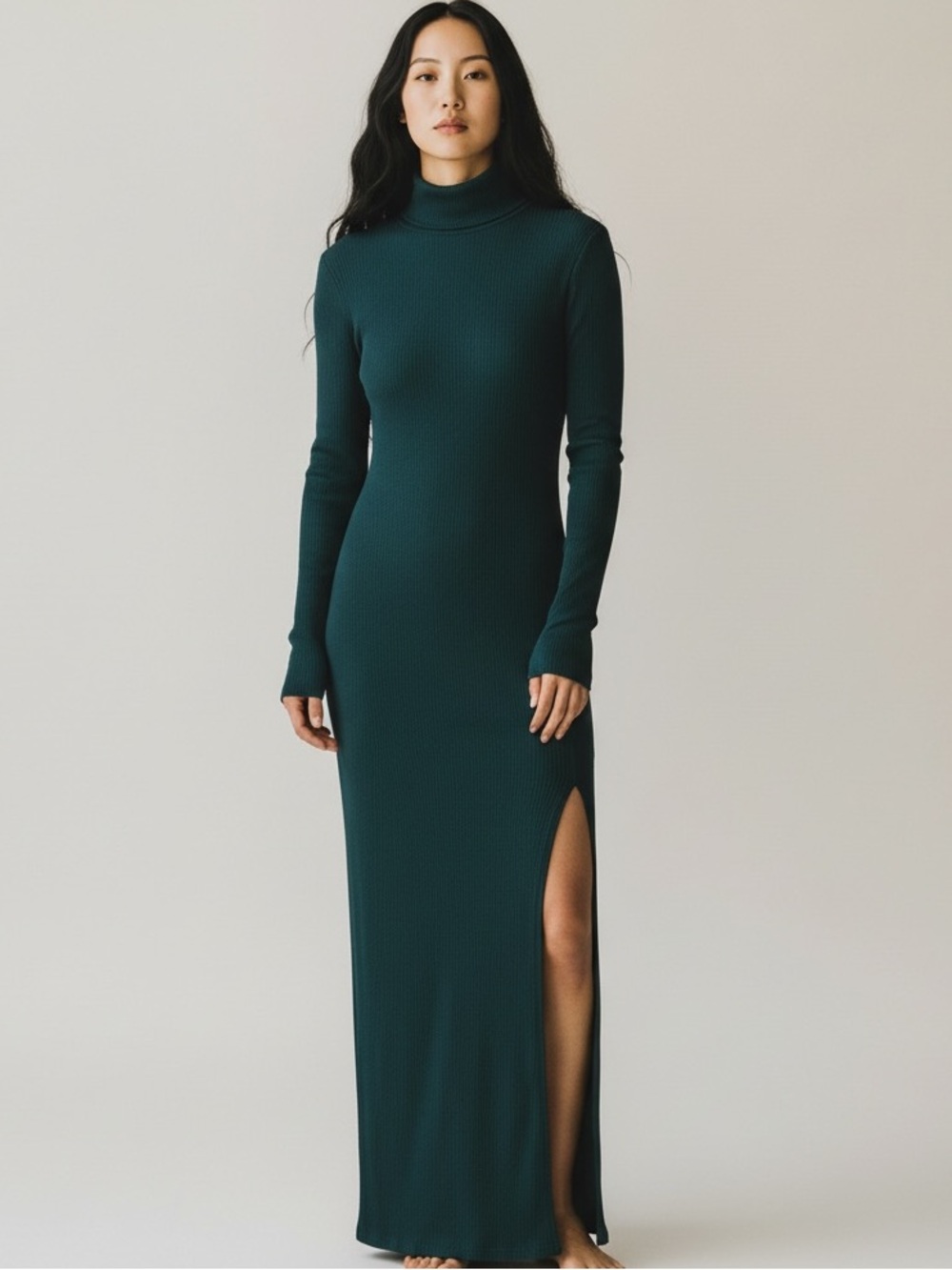 Long Sleeve Turtleneck Maxi Dress with Side Slit - Deep Teal